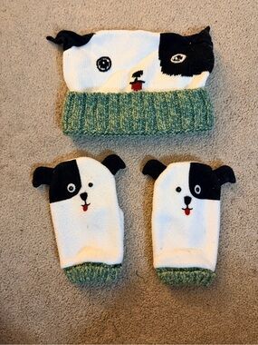 Talbots Kids Dog Knit Beanie and Mitten Set — White & Black with Green Cuff